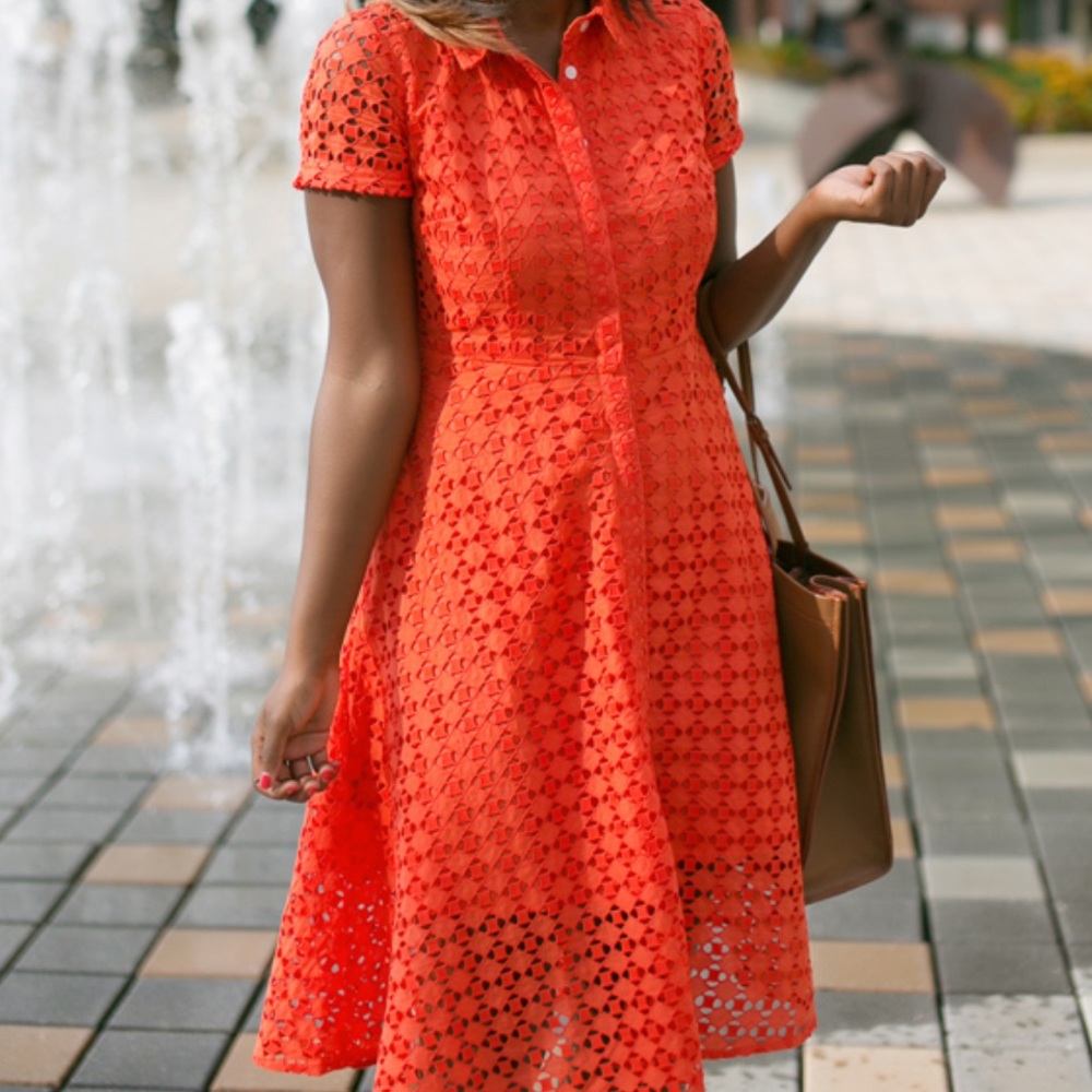 Ann Taylor Eyelet Flare Dress in Orange. Size 10.